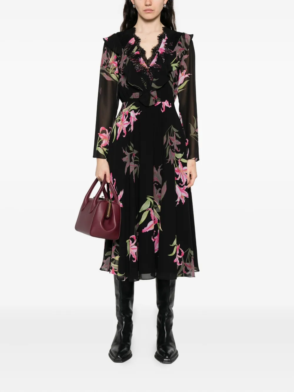 NISSA floral-print midi dress Zwart