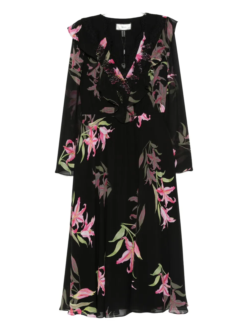 NISSA floral-print midi dress Zwart