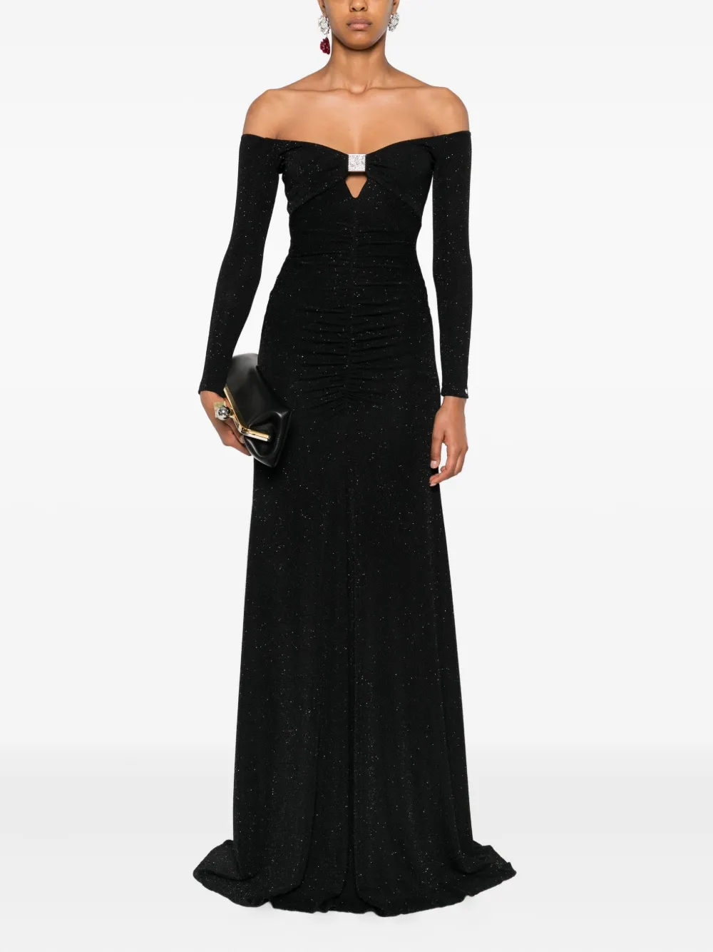 NISSA glitter-embellished three-quarter sleeve maxi dress Zwart