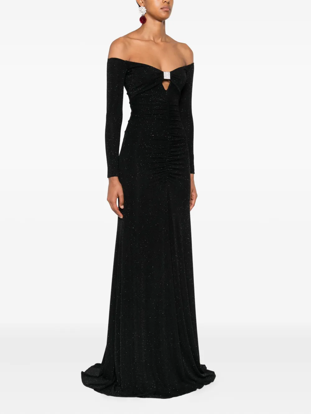 NISSA glitter-embellished three-quarter sleeve maxi dress Zwart