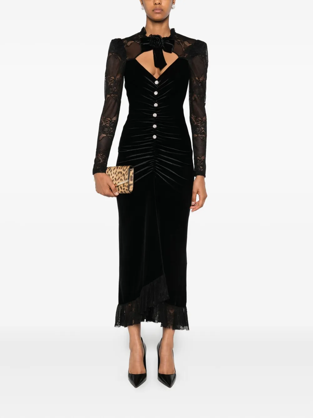 NISSA lace-trimmed midi dress Zwart