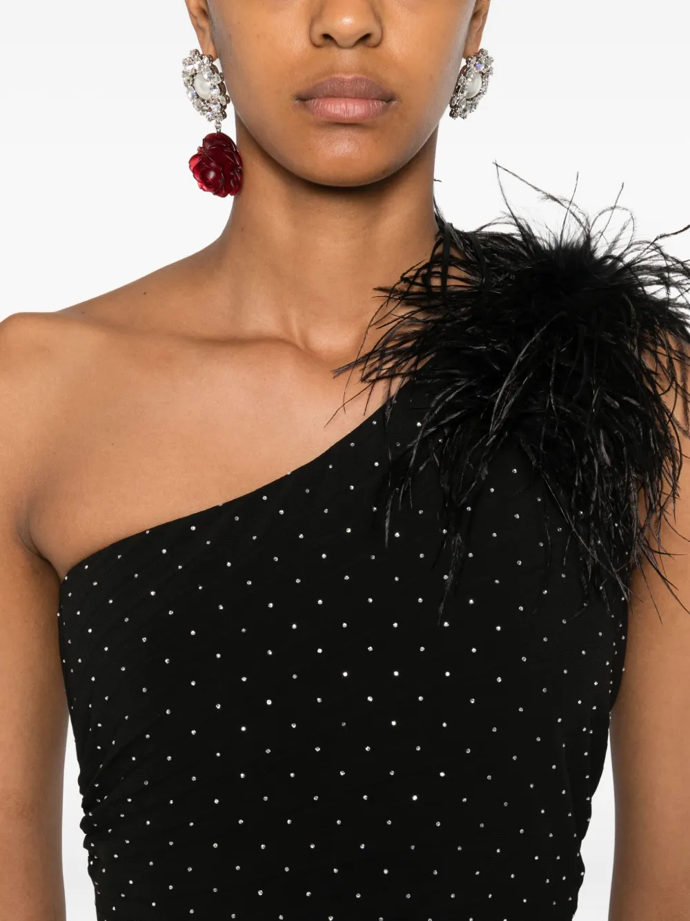 NISSA pleated feather-detail maxi dress Zwart