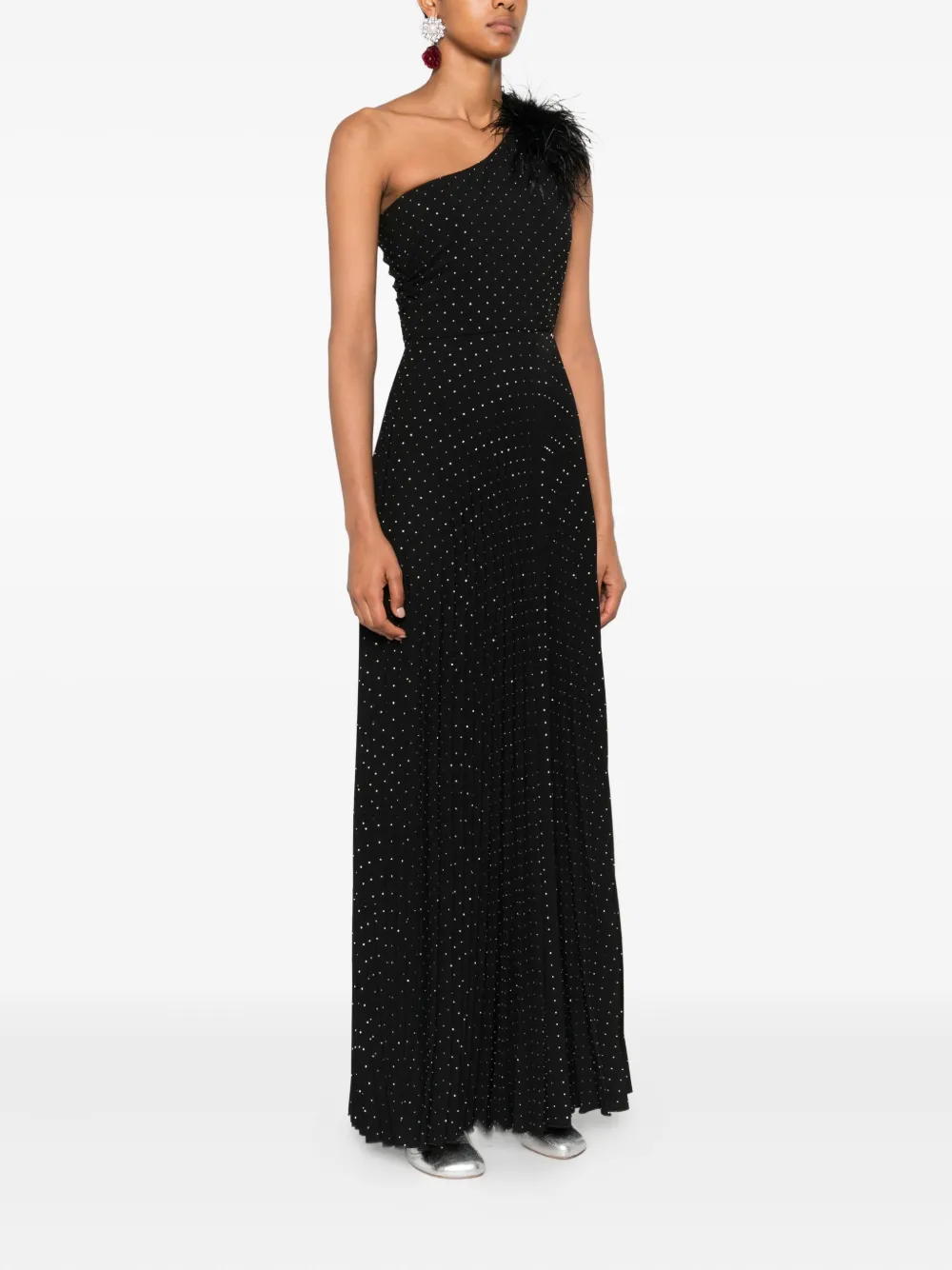 NISSA pleated feather-detail maxi dress Zwart