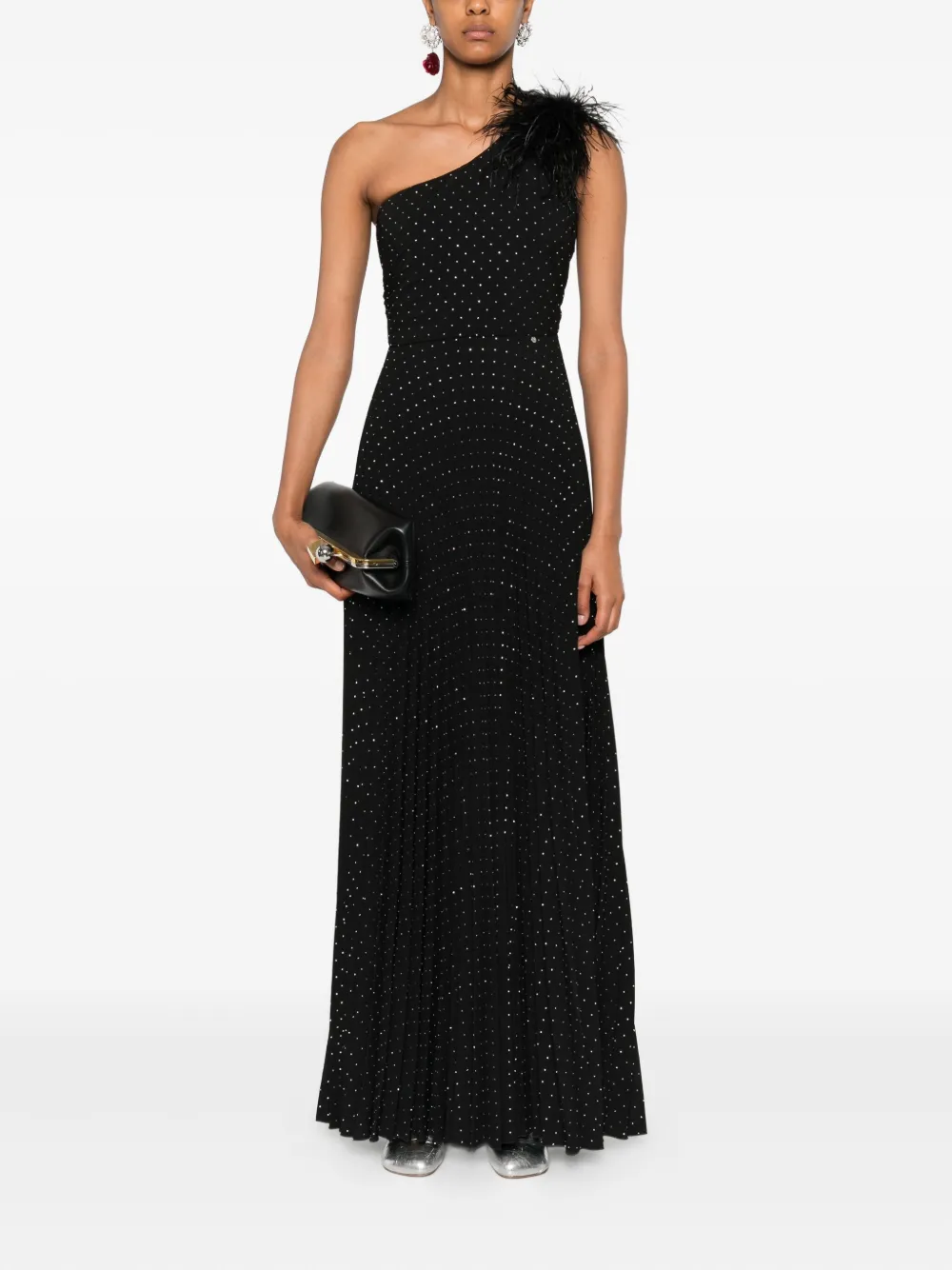 NISSA pleated feather-detail maxi dress Zwart