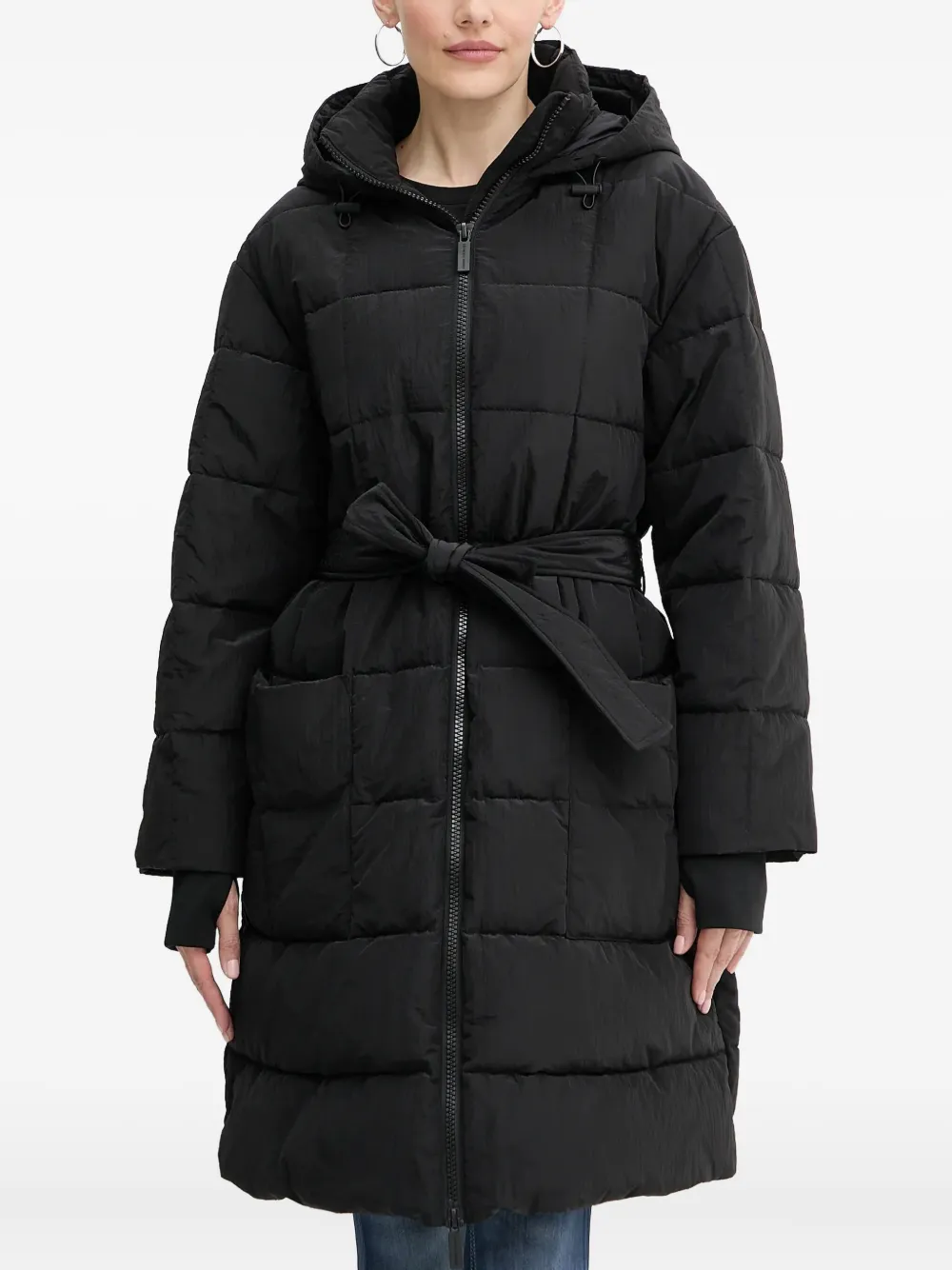Armani Exchange Hooded Belted Coat In Black