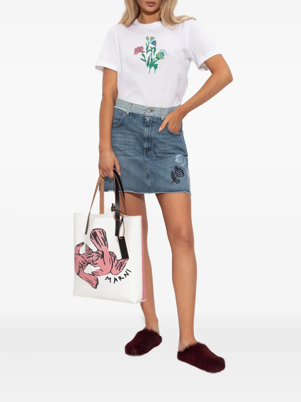 Marni embroidered frayed denim mini skirt - Blauw