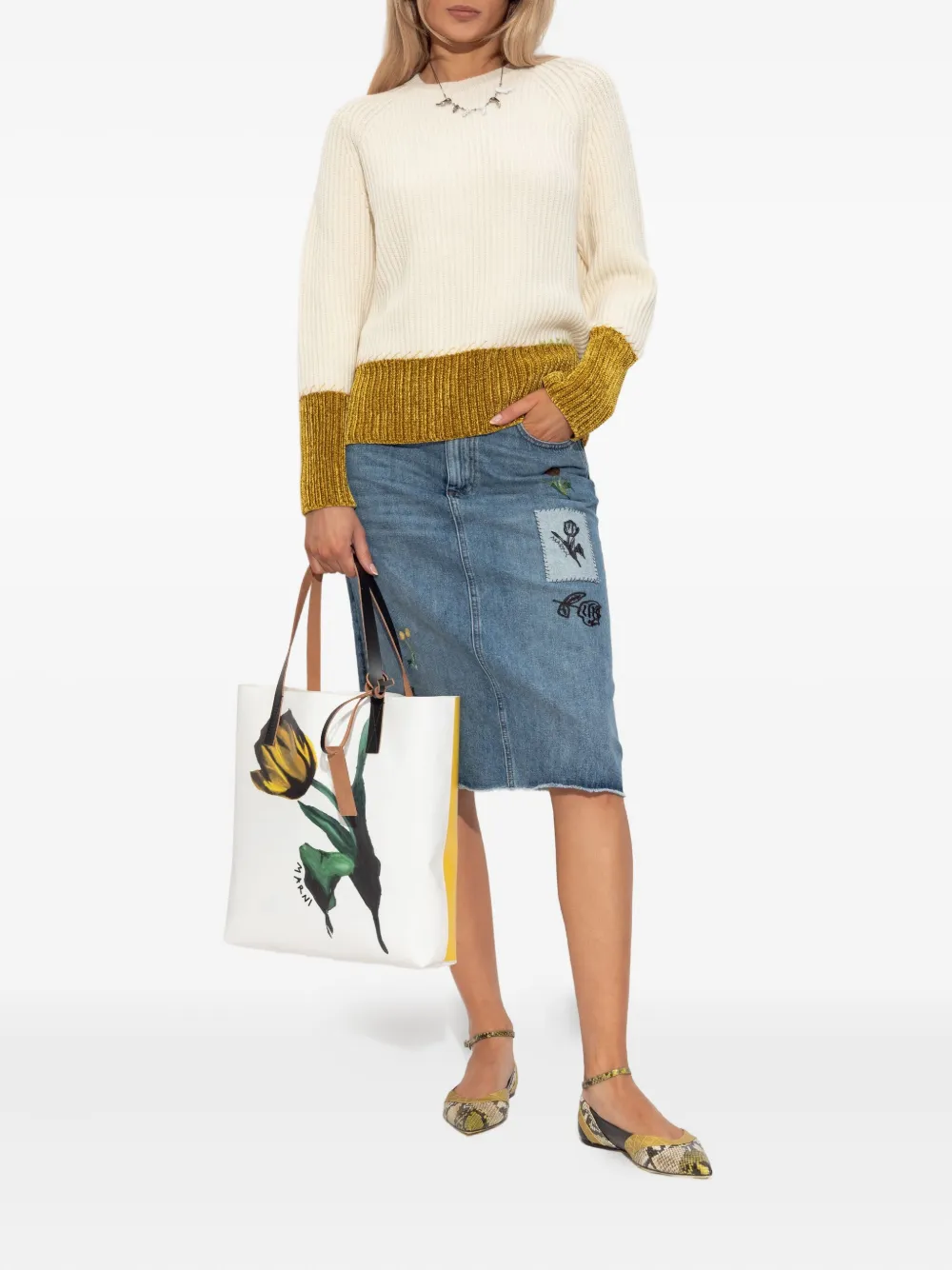 Marni embroidered-floral denim midi skirt - Blauw