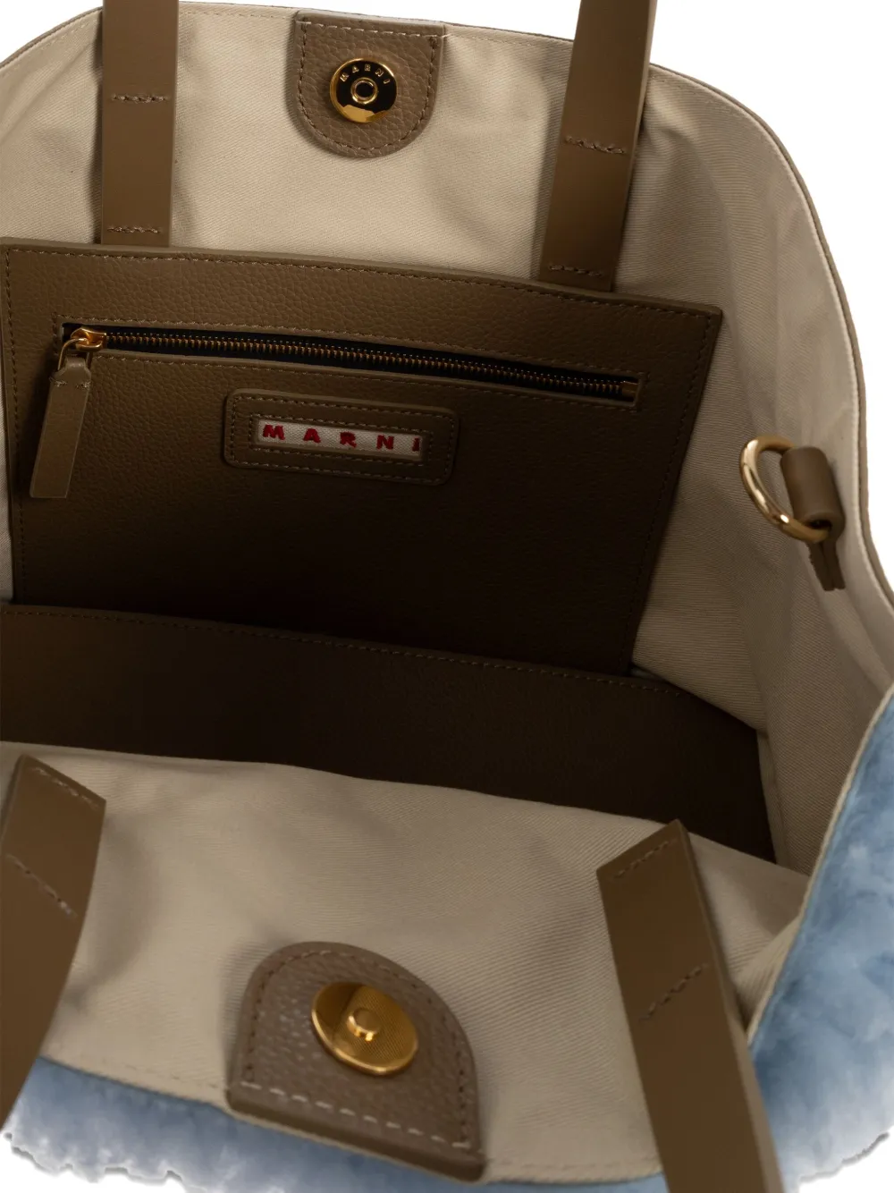 Marni Shearling Leather-trimmed Tote Bag In Blue