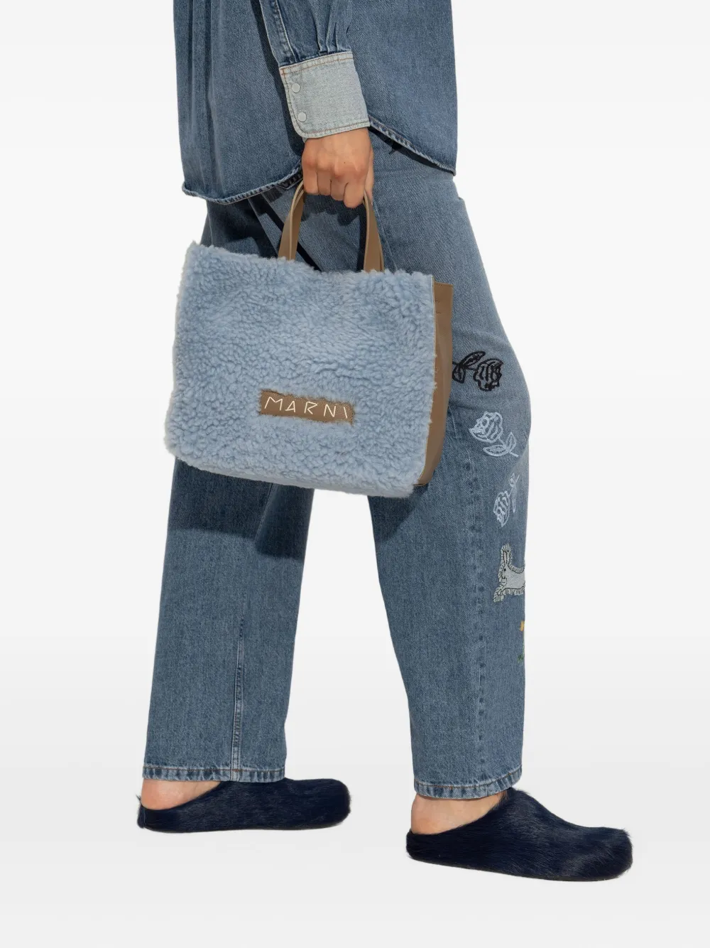 Marni shearling leather-trimmed tote bag - Blauw