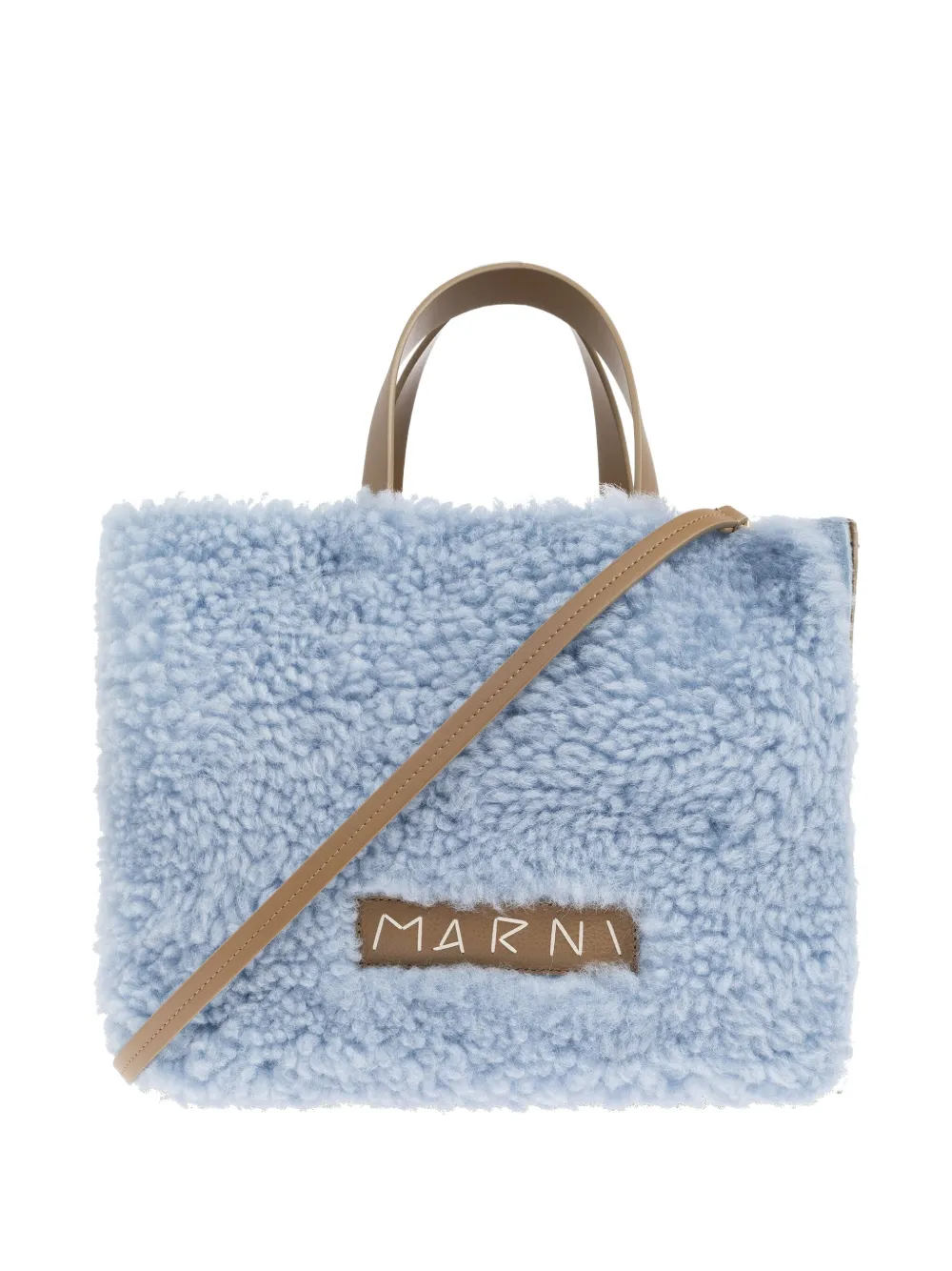 Marni Shearling Leather-trimmed Tote Bag In Blue