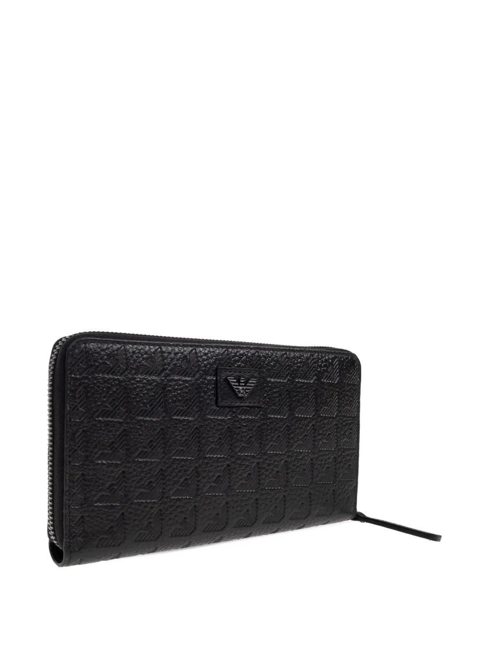 Emporio Armani Zip-around Leather Wallet With All-over Embossed Eagle In Black