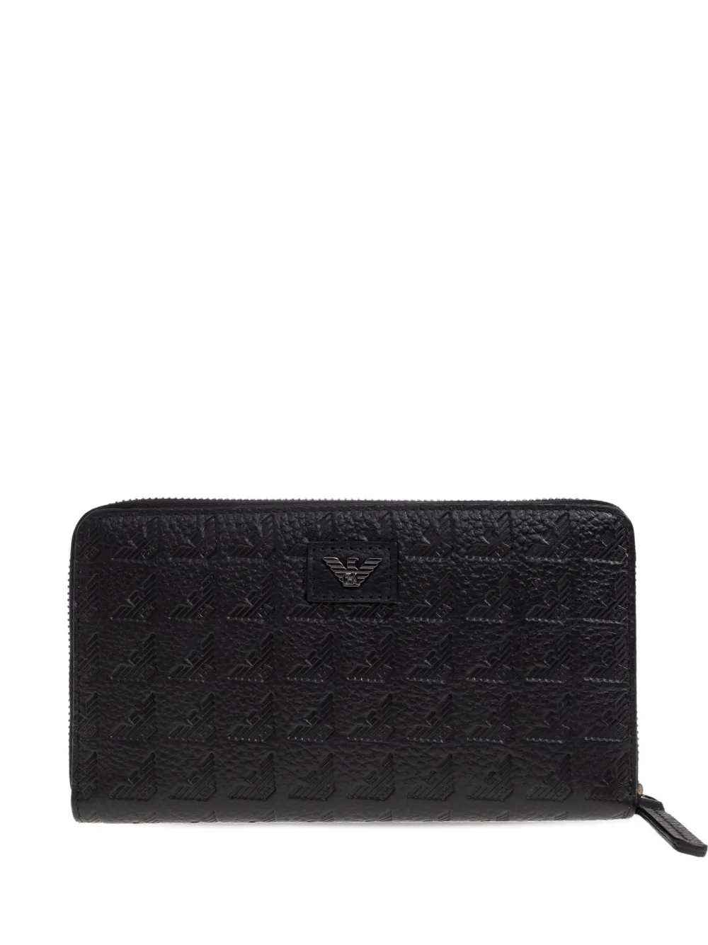 Emporio Armani Zip-around Leather Wallet With All-over Embossed Eagle In Black