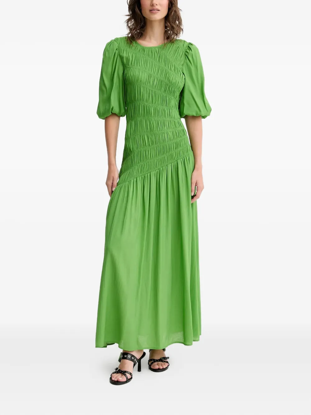 Never Fully Dressed Shirred Puff-sleeve Maxi Dress In Green
