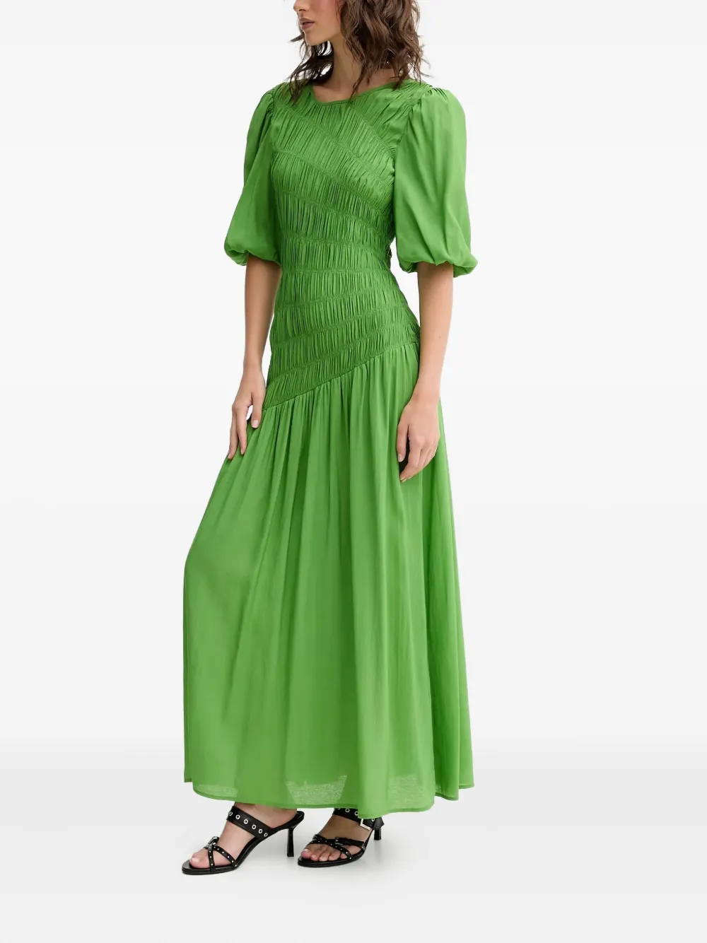 NEVER FULLY DRESSED shirred puff-sleeve maxi dress - Groen