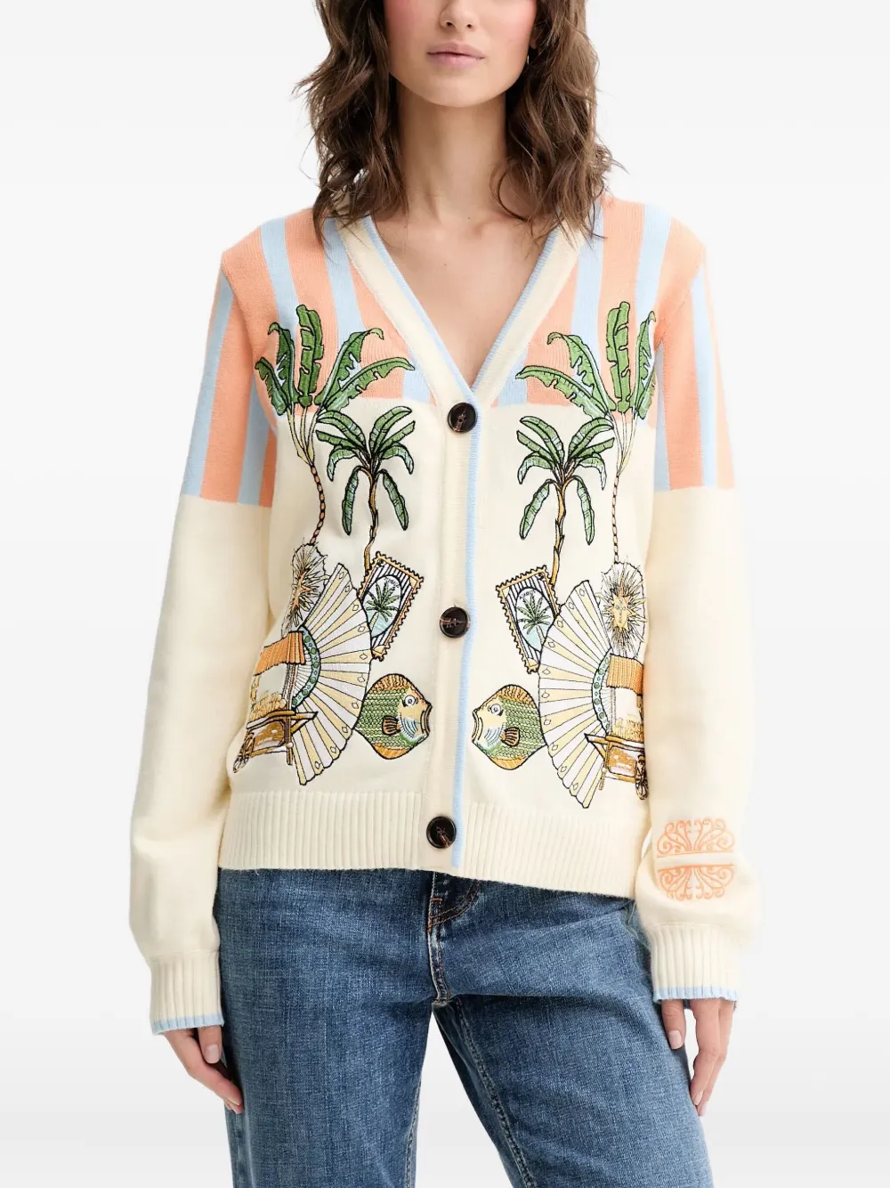 NEVER FULLY DRESSED striped-detail palm-tree cardigan - ニュートラル NEVER FULLY DRESSED striped-detail palm-tree cardigan - ニュートラル