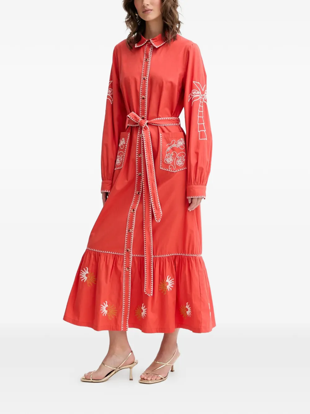 NEVER FULLY DRESSED embroidered belted midi dress - Rood