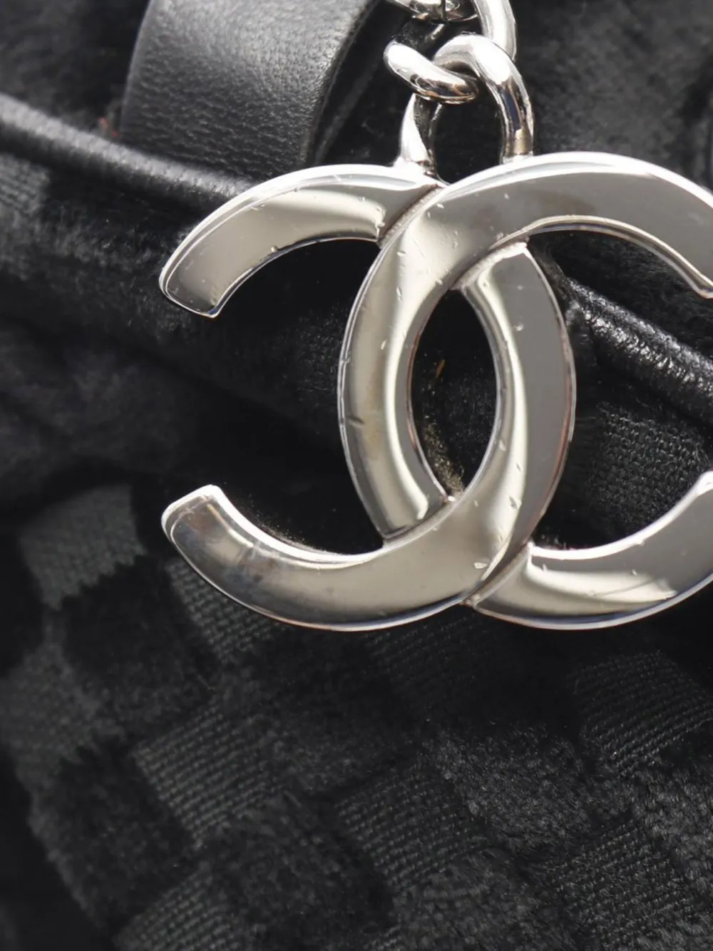 Pre-owned Chanel 2005-2006 Cc Check Embossed Velvet Belted Side Shoulder Bag In Black