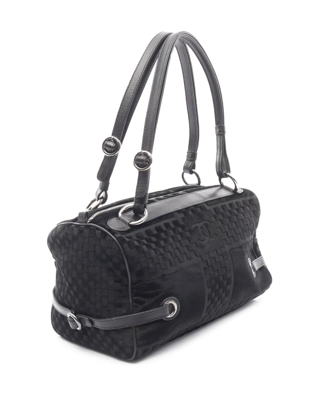 Pre-owned Chanel 2005-2006 Cc Check Embossed Velvet Belted Side Shoulder Bag In Black