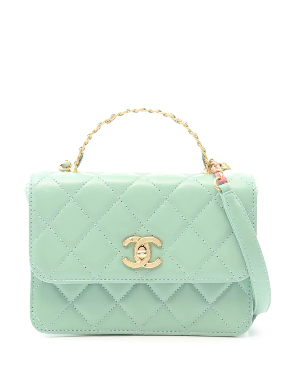 CHANEL Pre-Owned 2021-2025 Mini Quilted Shiny Calfskin Metal Top Handle Flap satchel | Green | Image 1