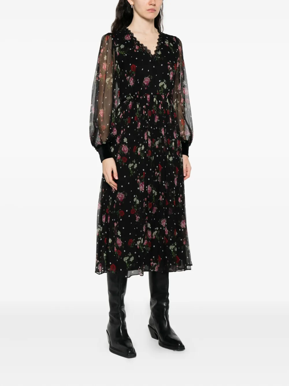 NISSA floral-print pleated mini dress Zwart