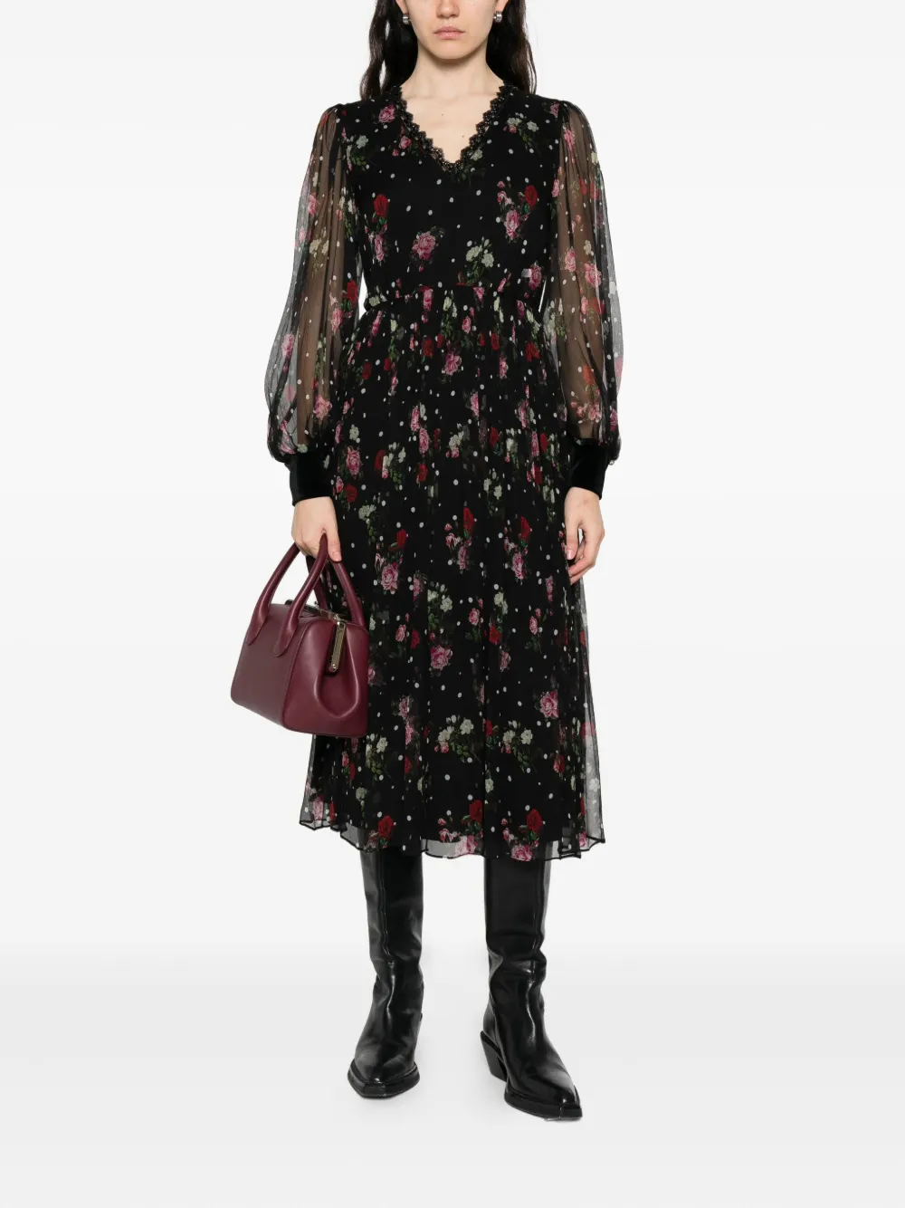 NISSA floral-print pleated mini dress Zwart