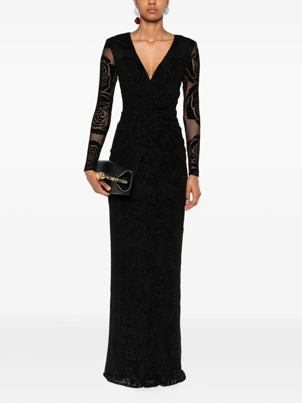 NISSA rose-print glitter maxi dress Zwart