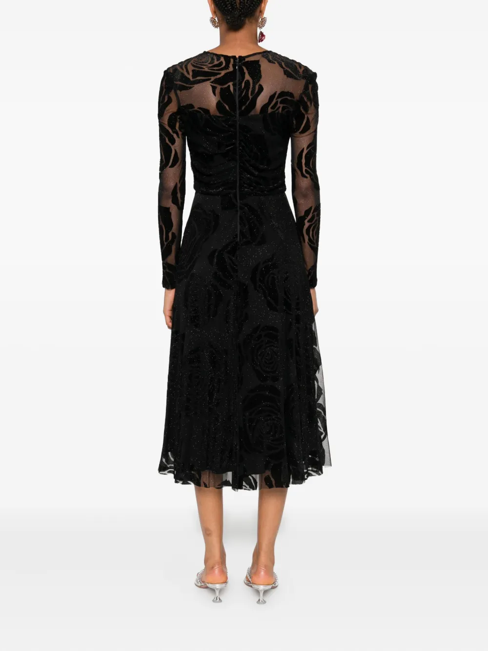 NISSA rose-print long-sleeve midi dress Zwart