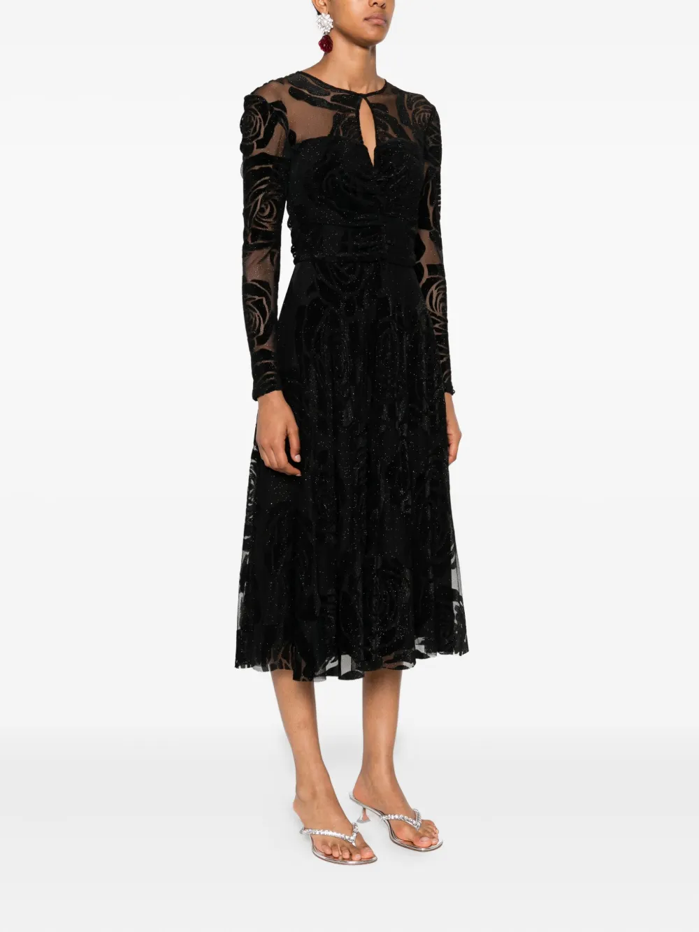 NISSA rose-print long-sleeve midi dress Zwart