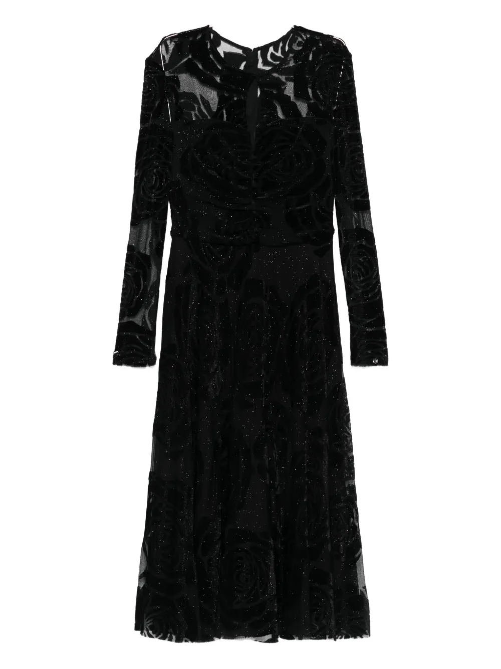 NISSA rose-print long-sleeve midi dress Zwart