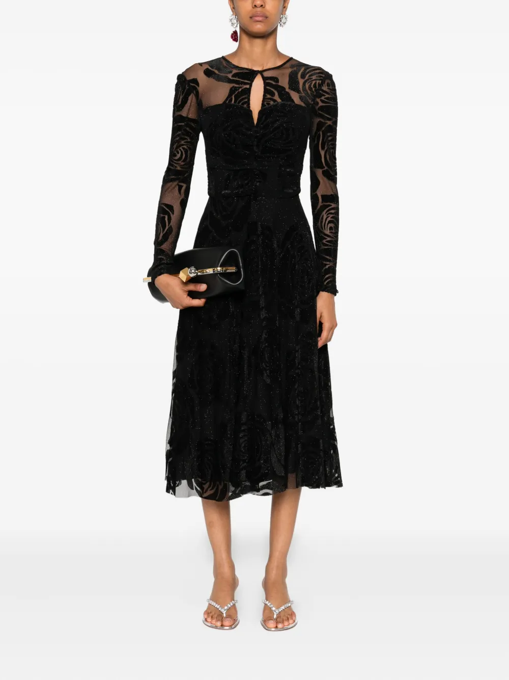 NISSA rose-print long-sleeve midi dress Zwart
