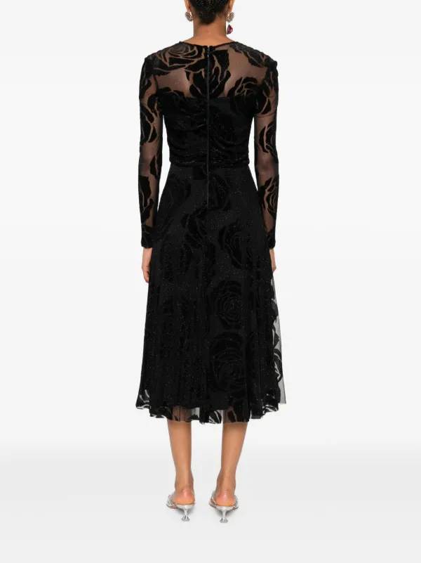 NISSA rose-print long-sleeve Midi Dress | Black | FARFETCH