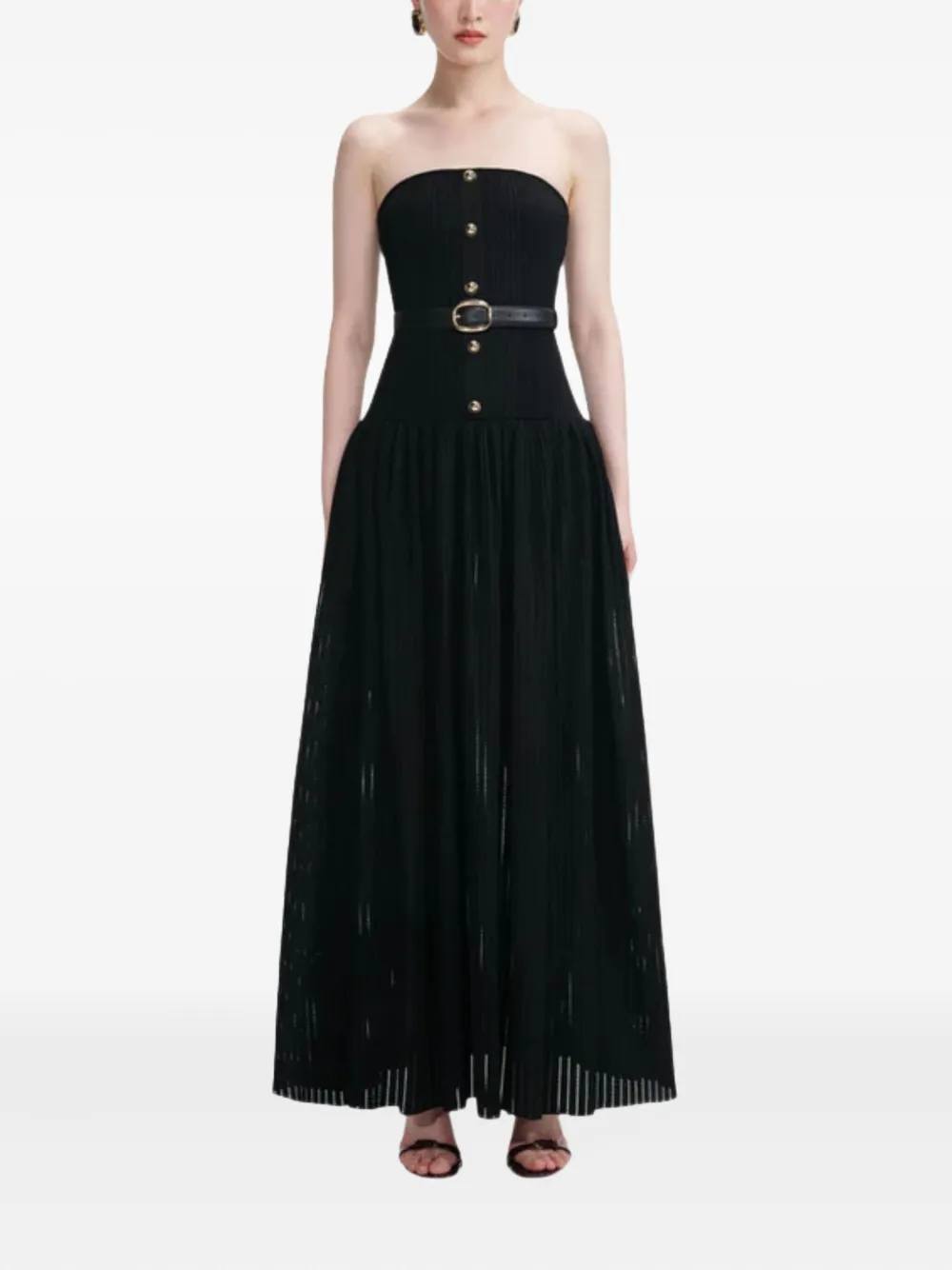 Self-portrait Bandeau Belted-knit Maxi Dress In Black