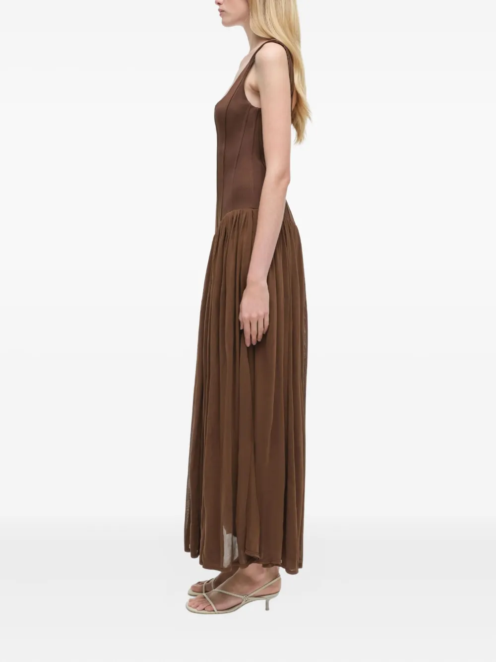 Simkhai Corset-bodice Pleated Midi Day Dress In Brown