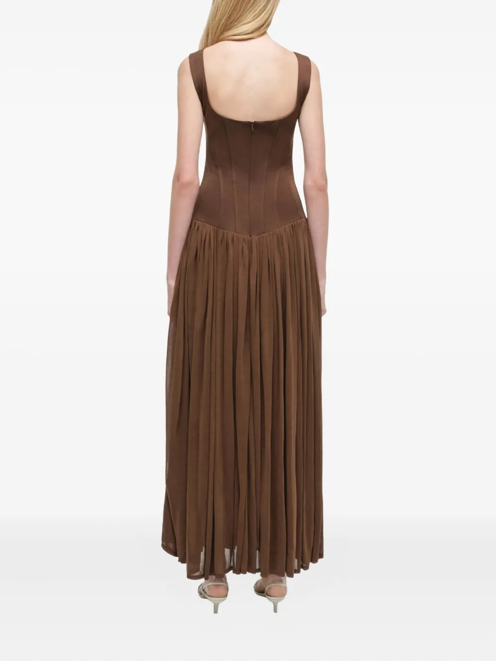 Simkhai Corset-bodice Pleated Midi Day Dress In Brown