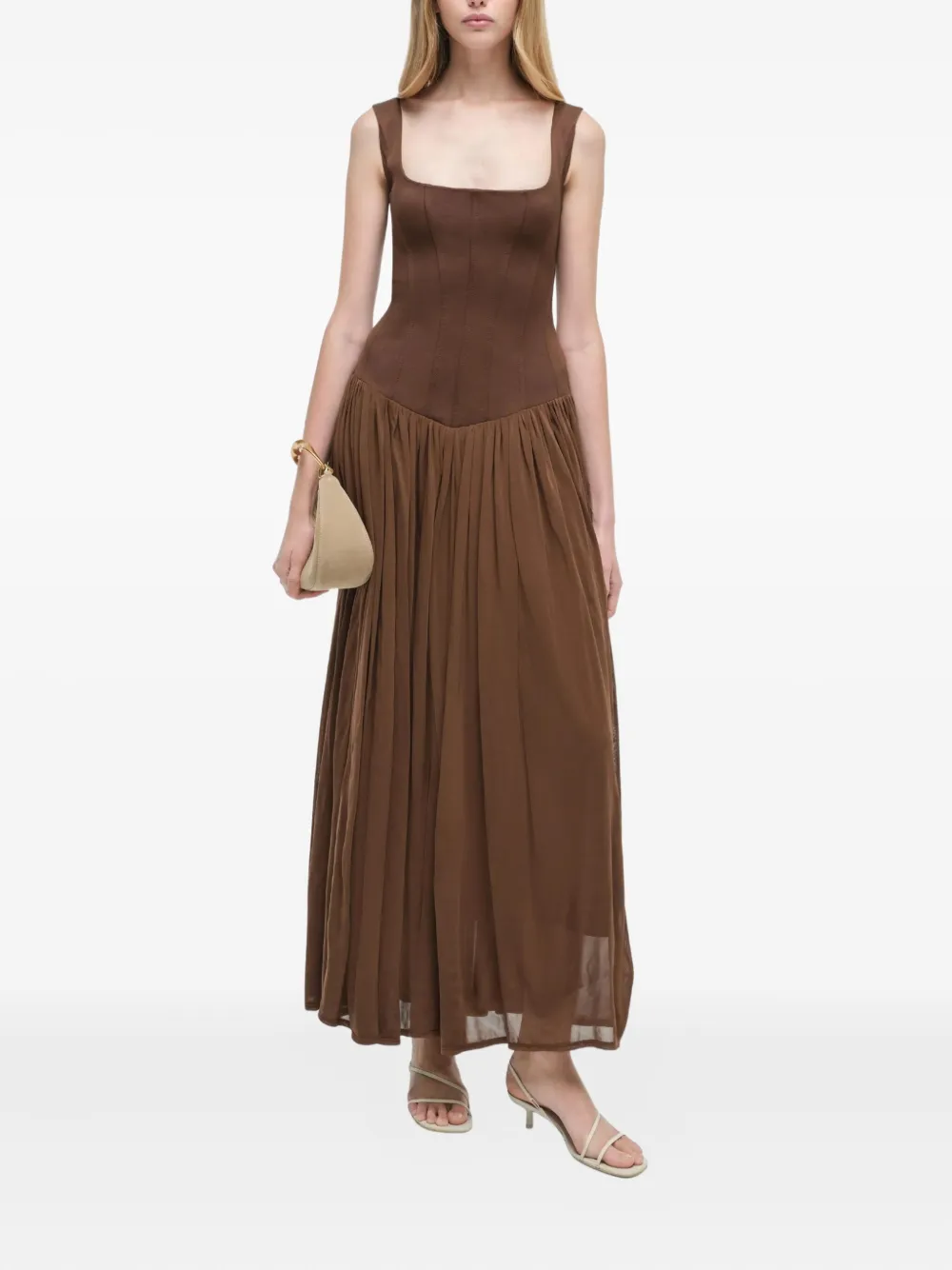 Simkhai corset-bodice pleated midi day dress - Bruin