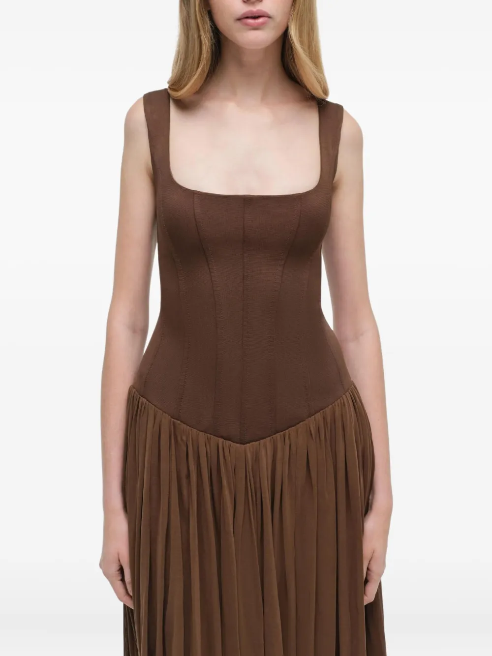 Simkhai Corset-bodice Pleated Midi Day Dress In Brown