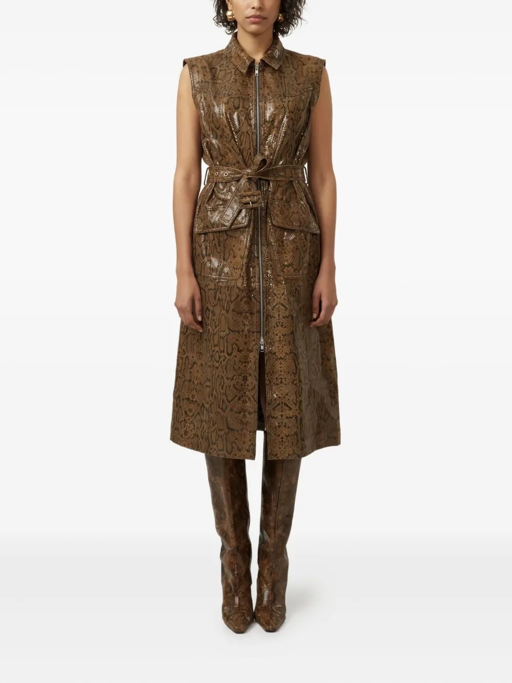 Gestuz Colette snakeskin-print belted midi dress - Bruin