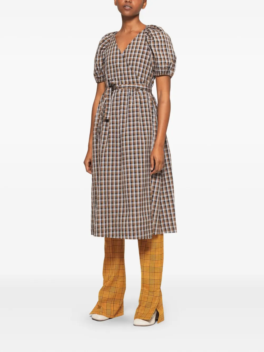 Baum Und Pferdgarten puff-sleeve gingham midi dress - Bruin