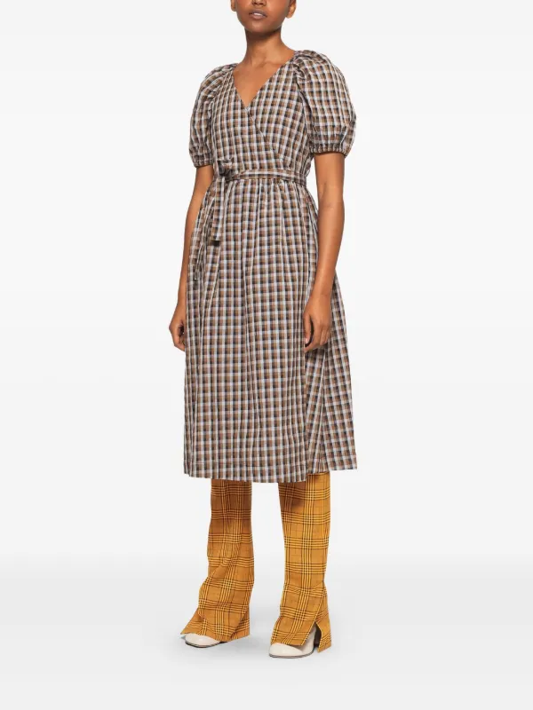 Baum Und Pferdgarten puff-sleeve Gingham Midi Dress | Brown