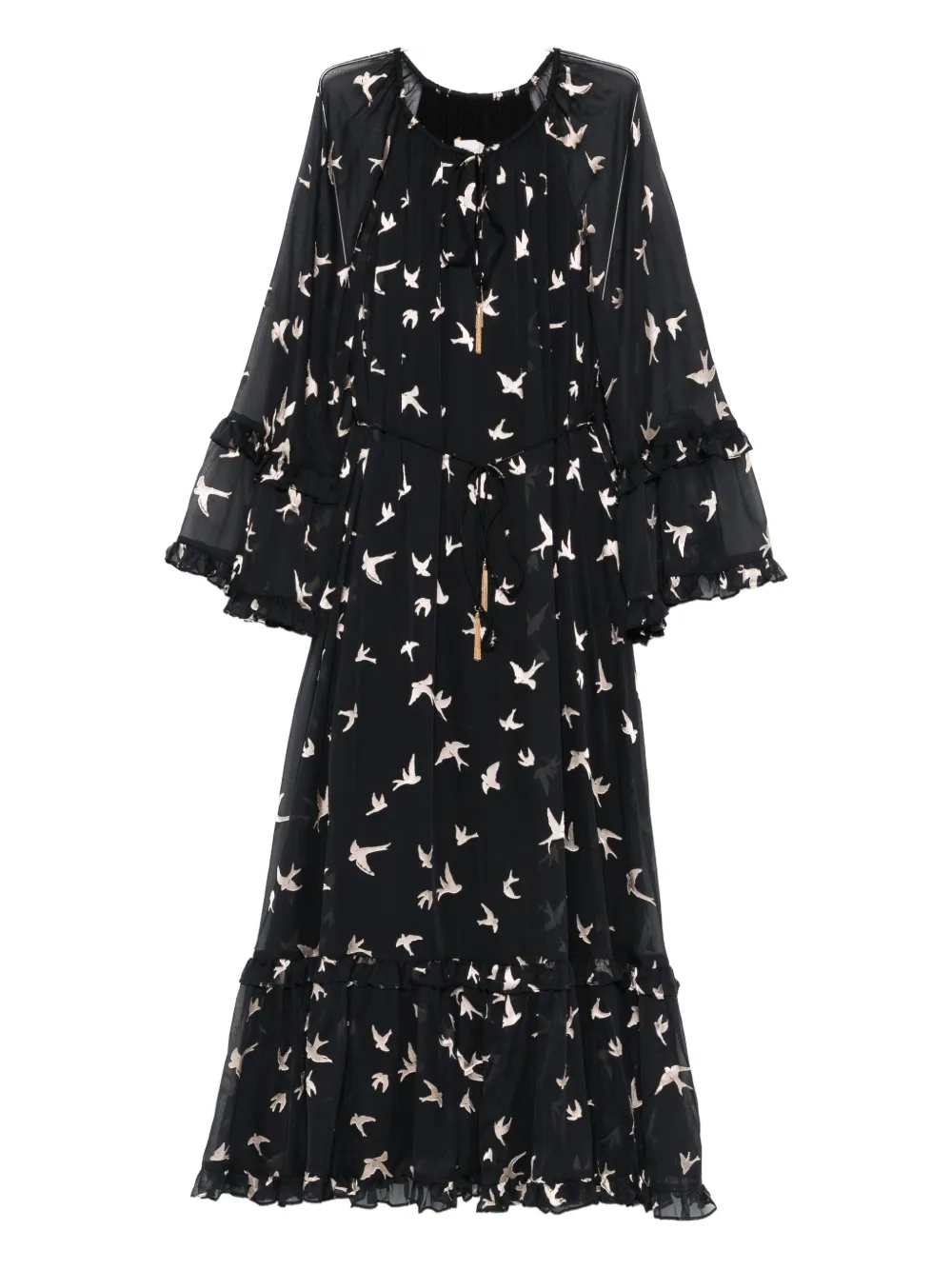 ZIMMERMANN bird-print ruffled dress Zwart