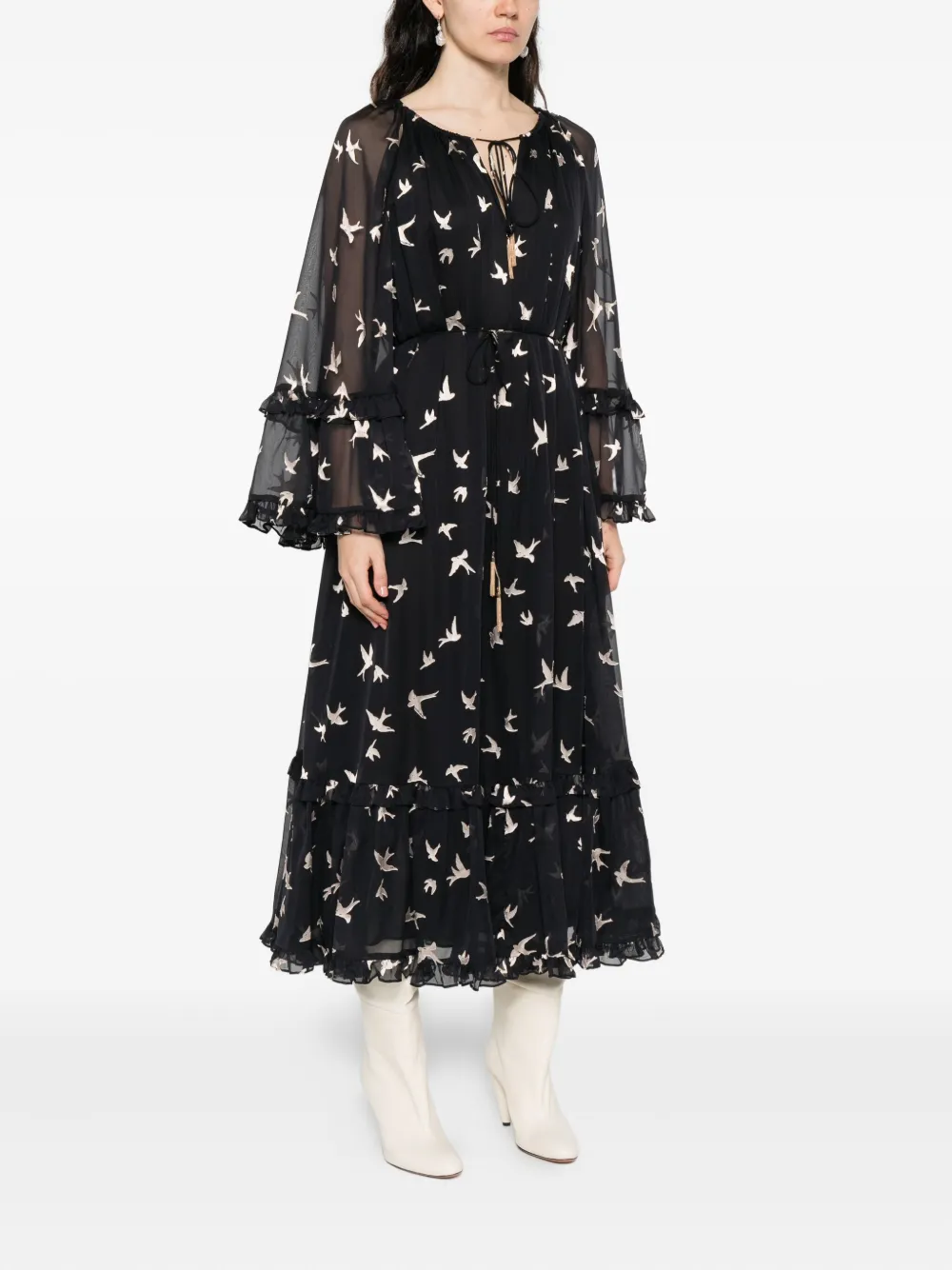 ZIMMERMANN bird-print ruffled dress Zwart