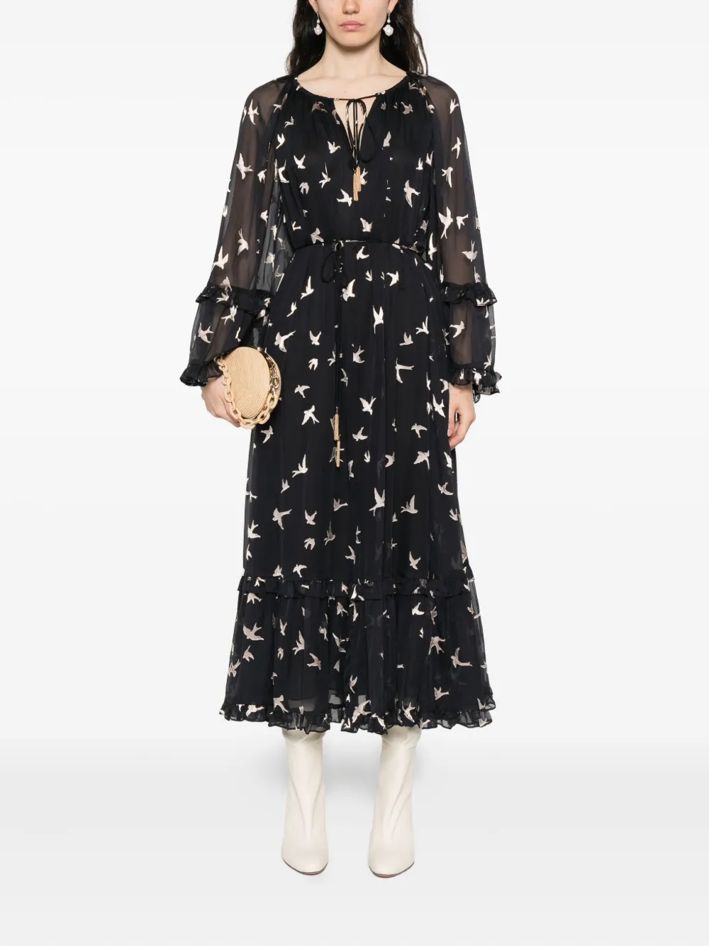 ZIMMERMANN bird-print ruffled dress Zwart