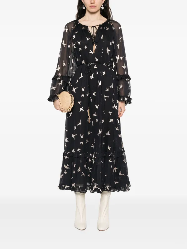 Zimmermann Bird-print Ruffled Dress - Black