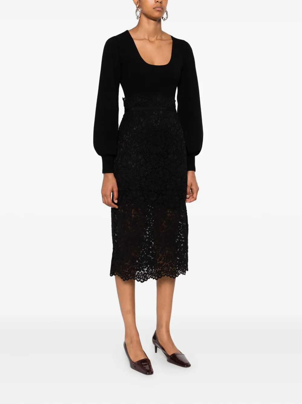 TWINSET Midi-jurk met diepe ronde hals en kant Zwart