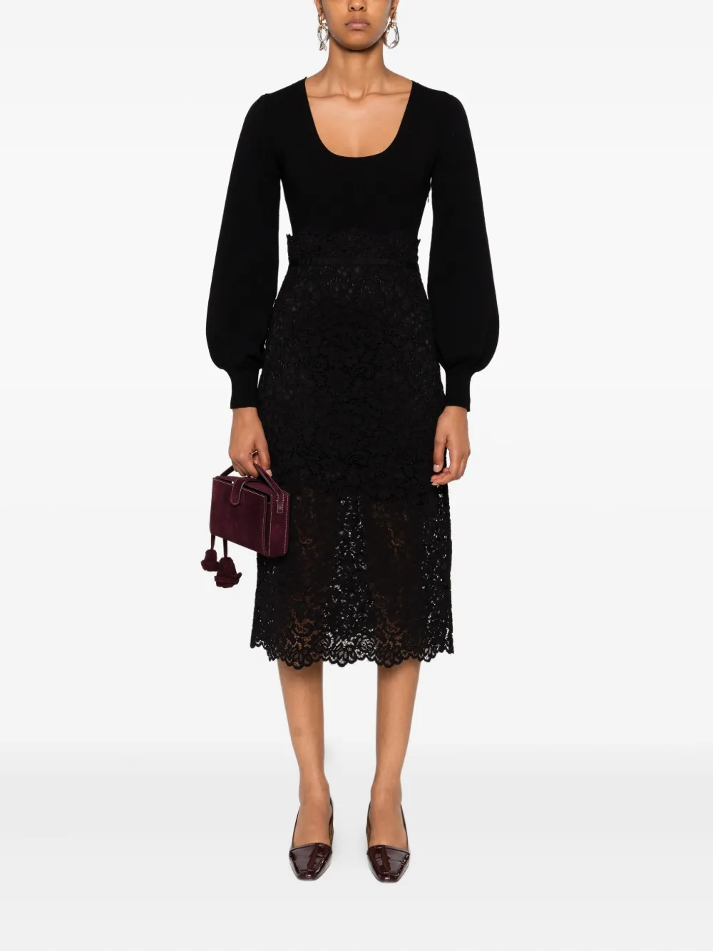 TWINSET Midi-jurk met diepe ronde hals en kant - Zwart