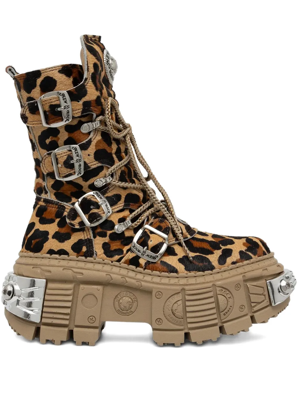 New Rock 100mm Leopard Print Buckled Combat Boots In Brown