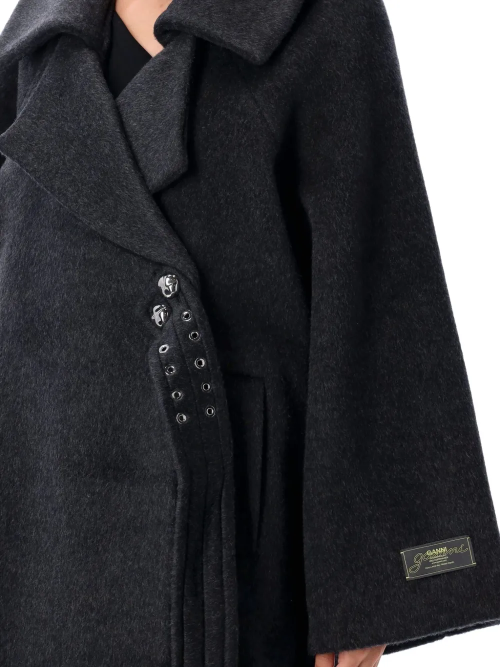 Ganni Double-face Wool Lace-up Coat In Black