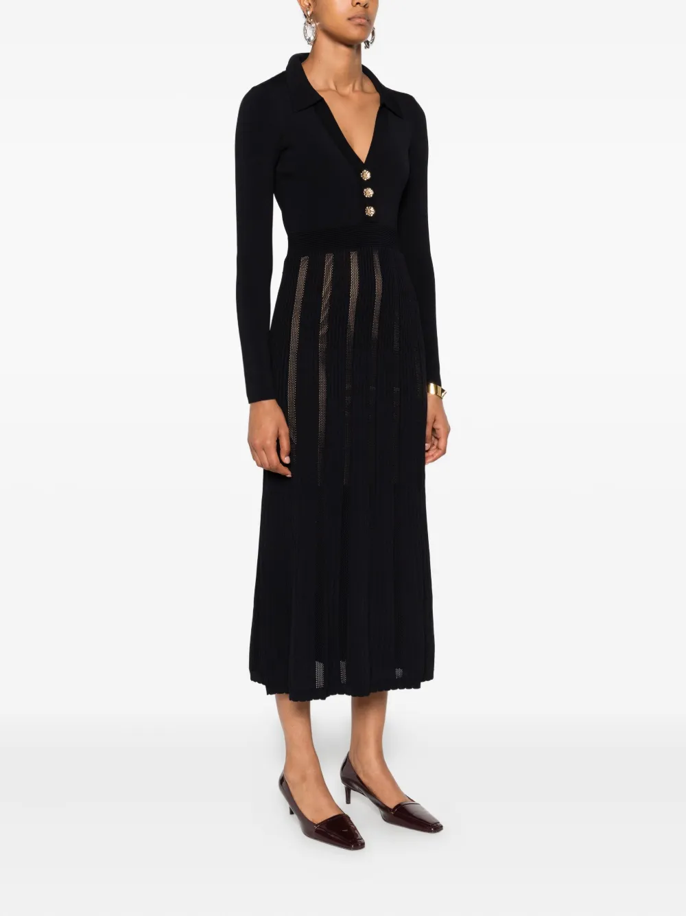 Twinset Pleated Button-embellished Midi Dress In Black