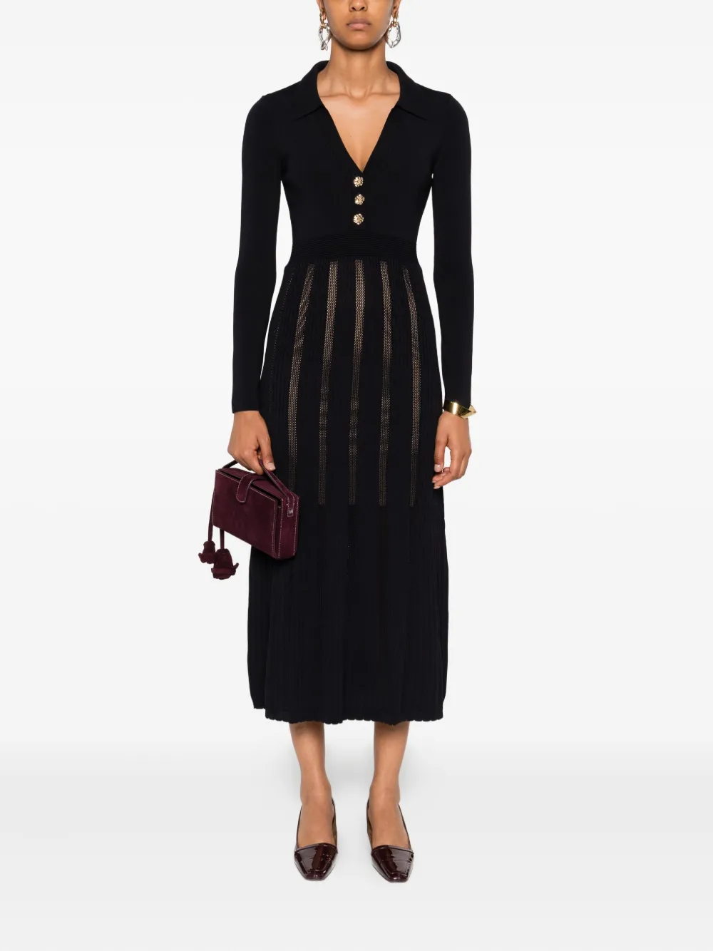 Twinset Pleated Button-embellished Midi Dress In Black