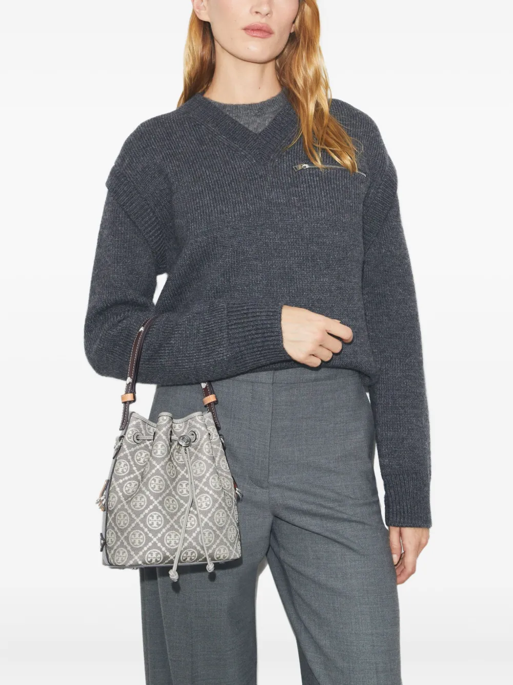 Tory Burch Monogram Bucket Bag In Gray